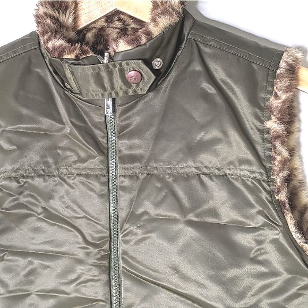 Vintage Guess Reversible Faux Leopard Army Green Nylon Zip Up Vest size S/M - Picture 7 of 12